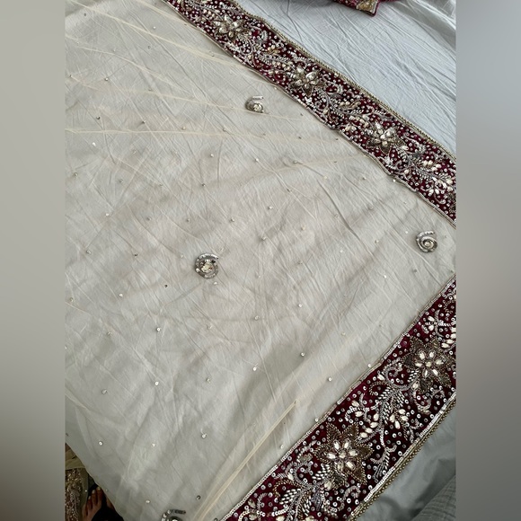 Beige net sari with burgundy velvet border and blouse (XS/S blouse) - Picture 5 of 7